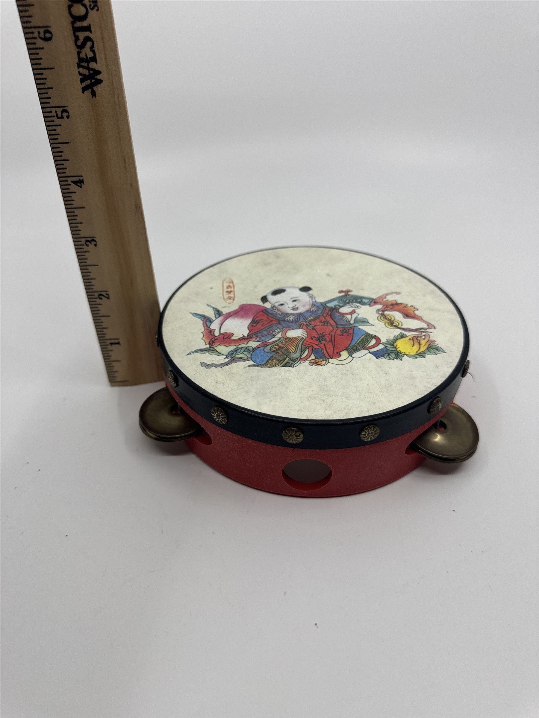 Vintage Red Chinese Rattle Tambourine Drum Musical Instrument Hand Held Art