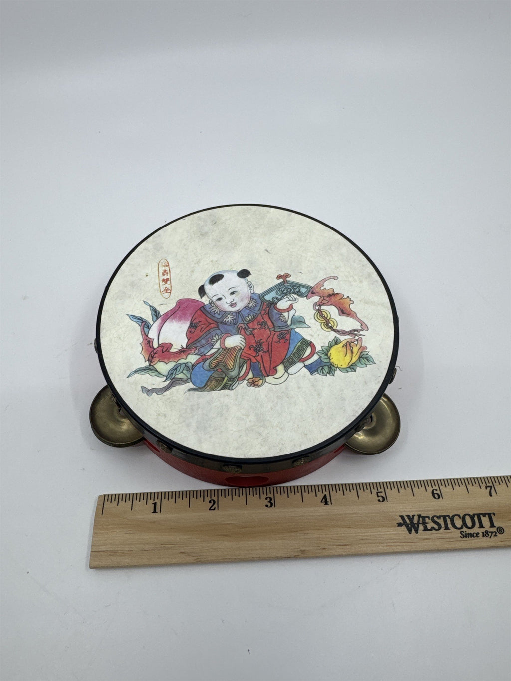 Vintage Red Chinese Rattle Tambourine Drum Musical Instrument Hand Held Art