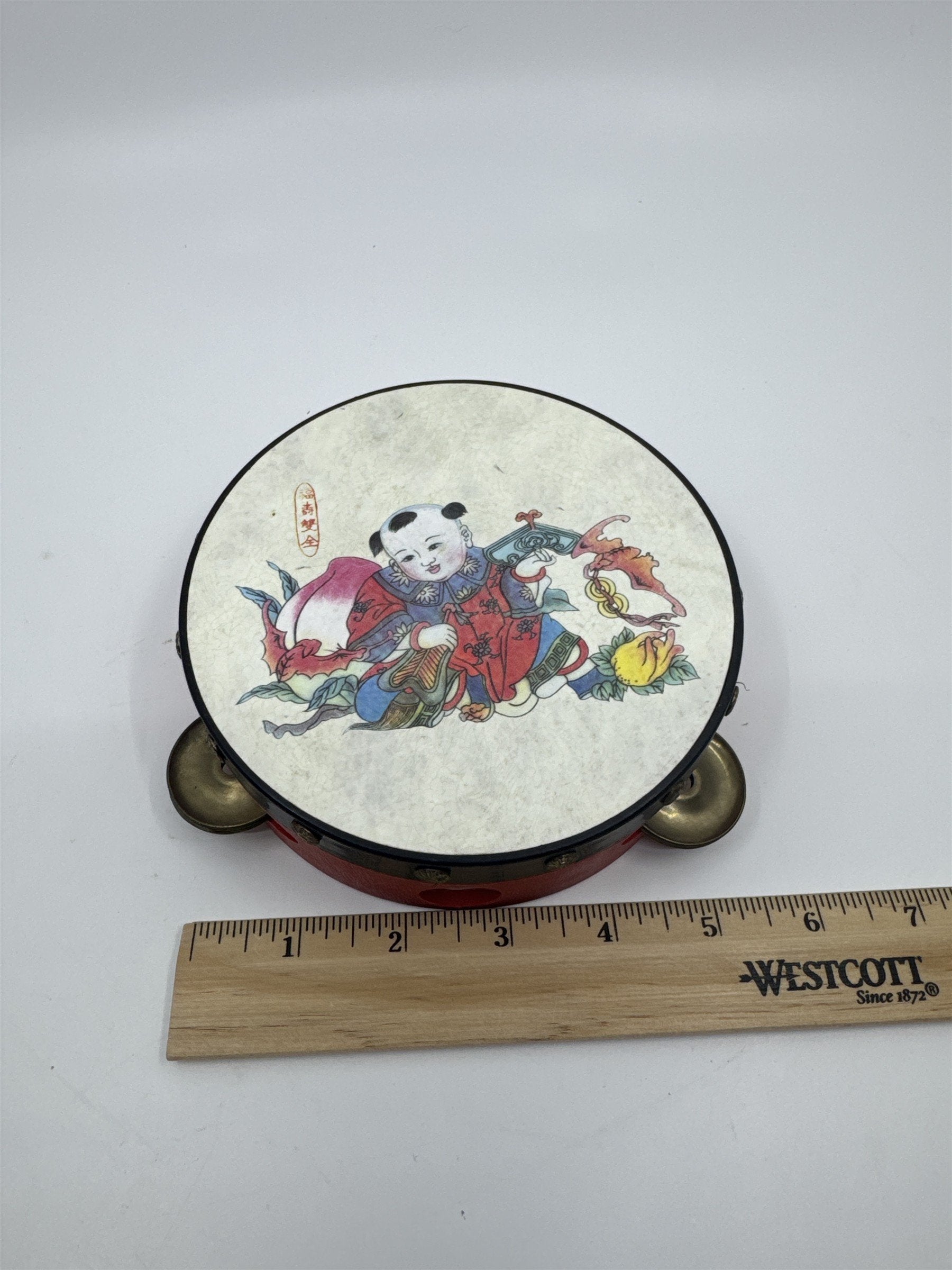 Vintage Red Chinese Rattle Tambourine Drum Musical Instrument Hand Held Art