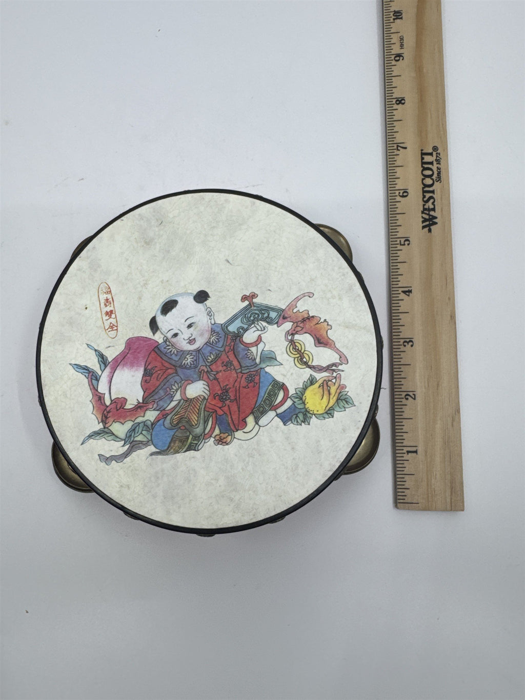 Vintage Red Chinese Rattle Tambourine Drum Musical Instrument Hand Held Art