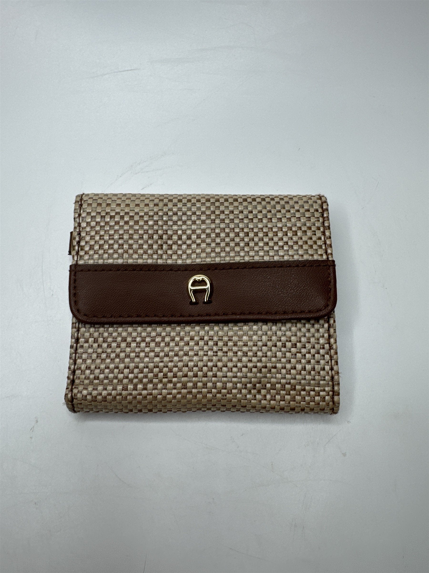Etienne Aigner Tri-Fold Wallet Vintage Straw Cherry Dot Clasp Brown Tan