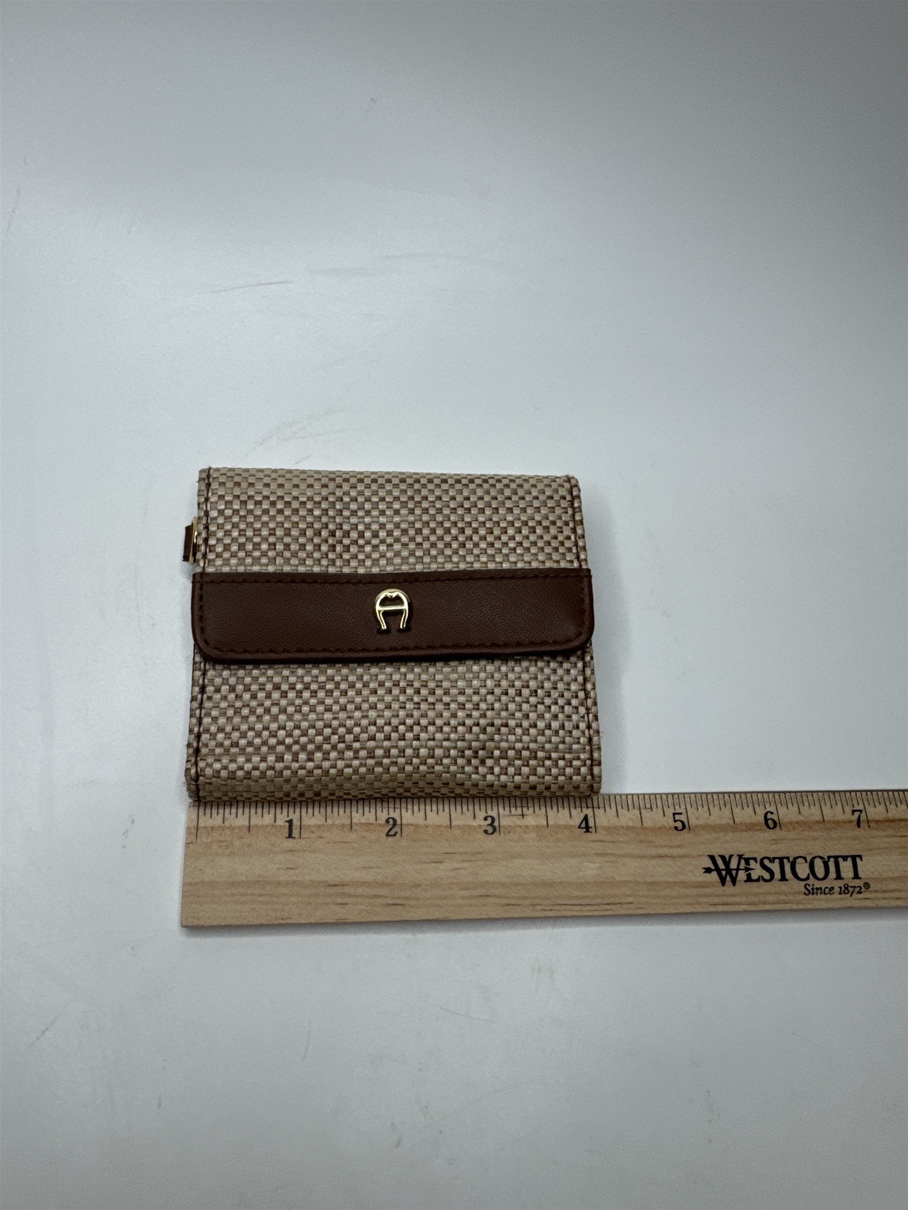 Etienne Aigner Tri-Fold Wallet Vintage Straw Cherry Dot Clasp Brown Tan
