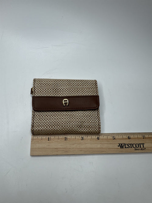 Etienne Aigner Tri-Fold Wallet Vintage Straw Cherry Dot Clasp Brown Tan