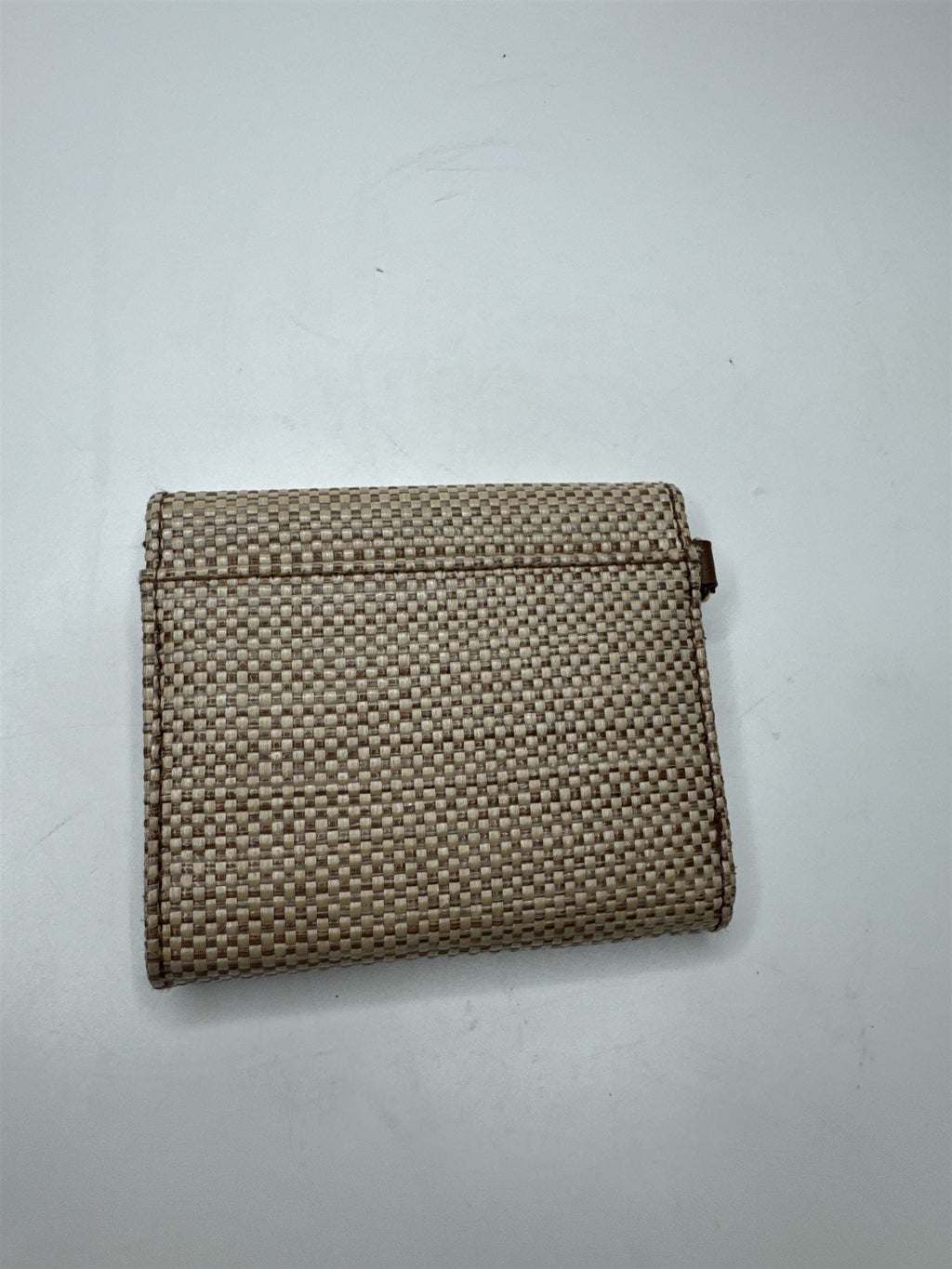 Etienne Aigner Tri-Fold Wallet Vintage Straw Cherry Dot Clasp Brown Tan