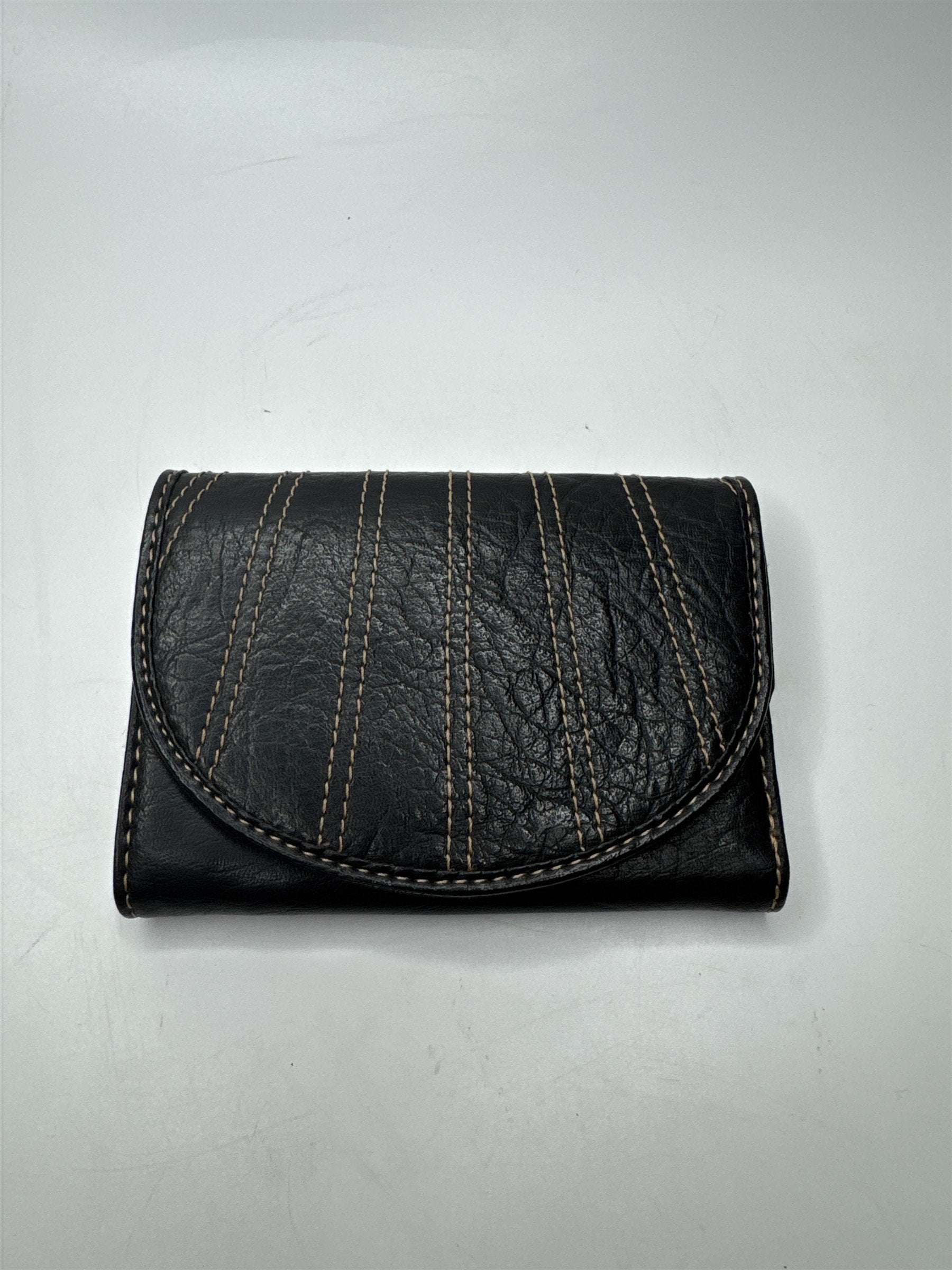 Retro Black Tri-Fold Wallet Liz Claiborne Axcess Tan Contrast Stitch