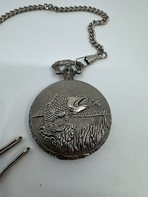Geneva Men's Round Quartz Bass Fish Pocket Watch /w Metallic Chain