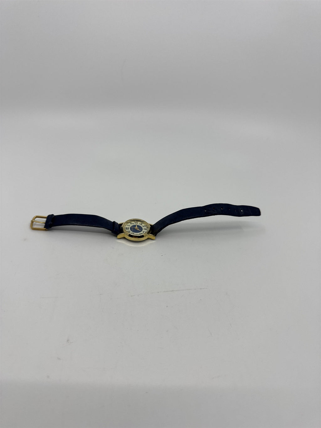 Vintage Blue Infinity Hong Kong Quartz Womens Wristwatch Gold Tone Leather Band