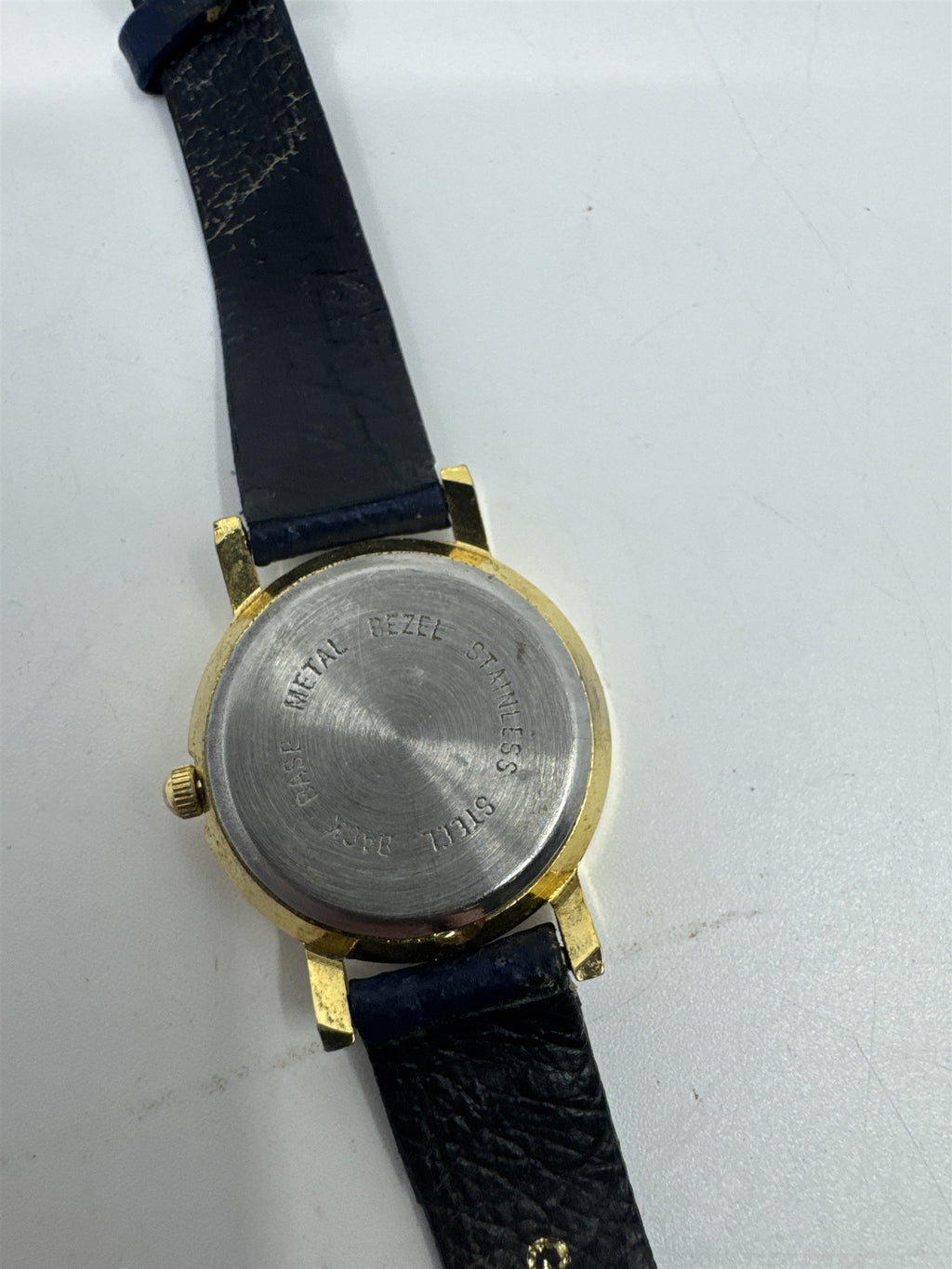 Vintage Blue Infinity Hong Kong Quartz Womens Wristwatch Gold Tone Leather Band