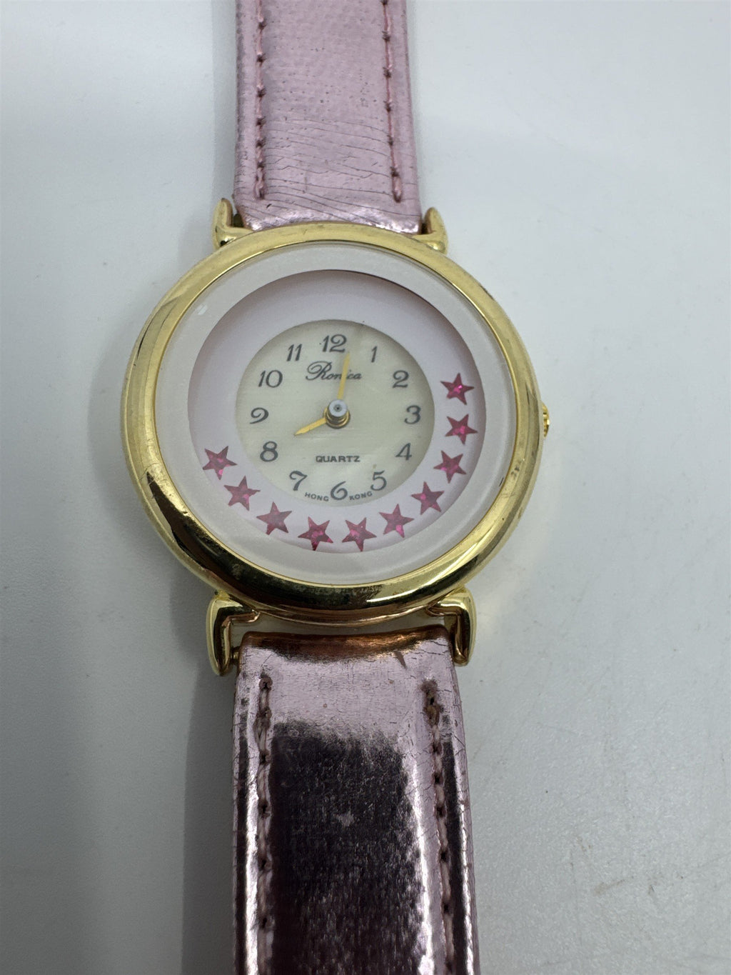 Vintage Pink Ronica Kong Quartz Womens Wristwatch Gold Tone Leather Metallic