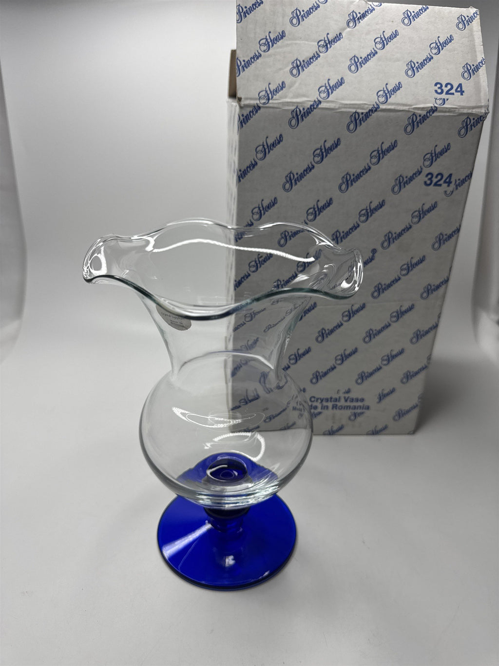Princess House Vase Crystal Sapphire Clear Glass 8.5" Tall /w Original Box