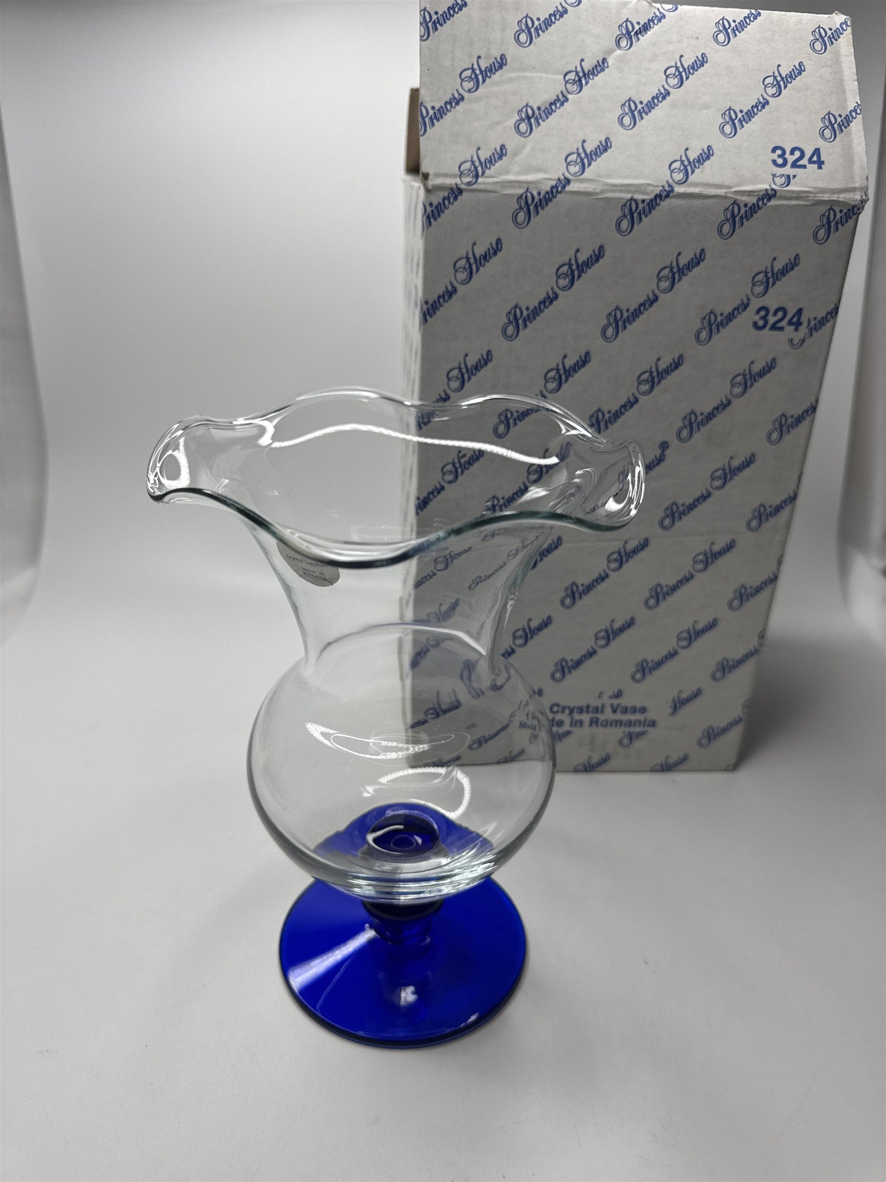 Princess House Vase Crystal Sapphire Clear Glass 8.5" Tall /w Original Box