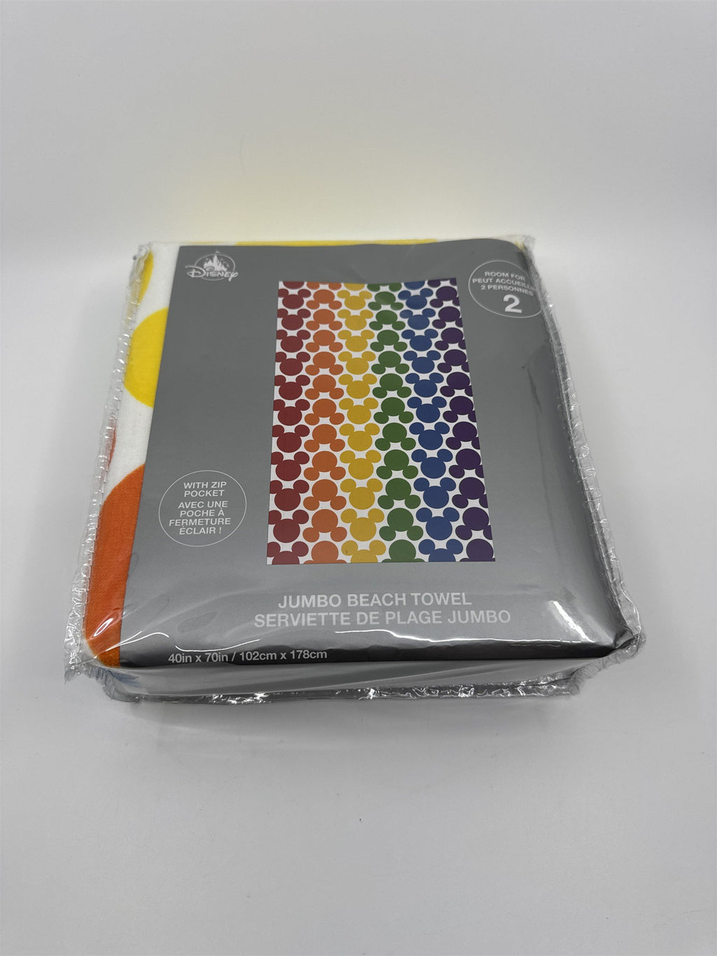 Disney Rainbow Mickey Heads Jumbo Beach Towel With Zip Pocket (Room for 2) 40x70