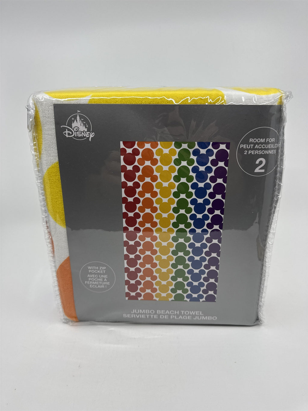 Disney Rainbow Mickey Heads Jumbo Beach Towel With Zip Pocket (Room for 2) 40x70