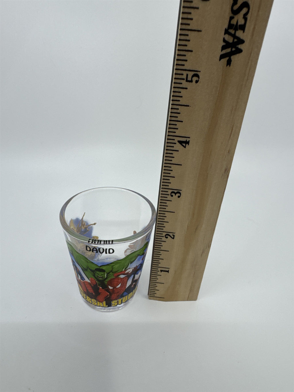 Universal Studios Marvel Shot Glass for David Name Printed on It