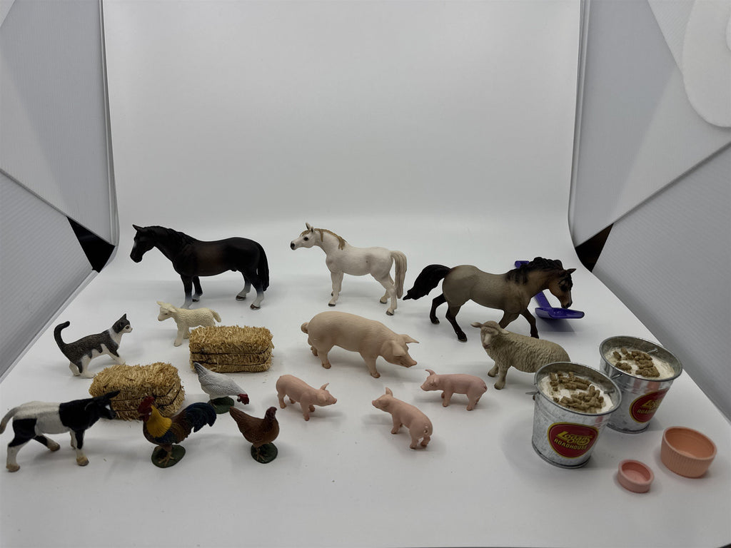 Lot of Vintage Miniature Farm Animal Village Pieces Animals Buckets Hay Chickens