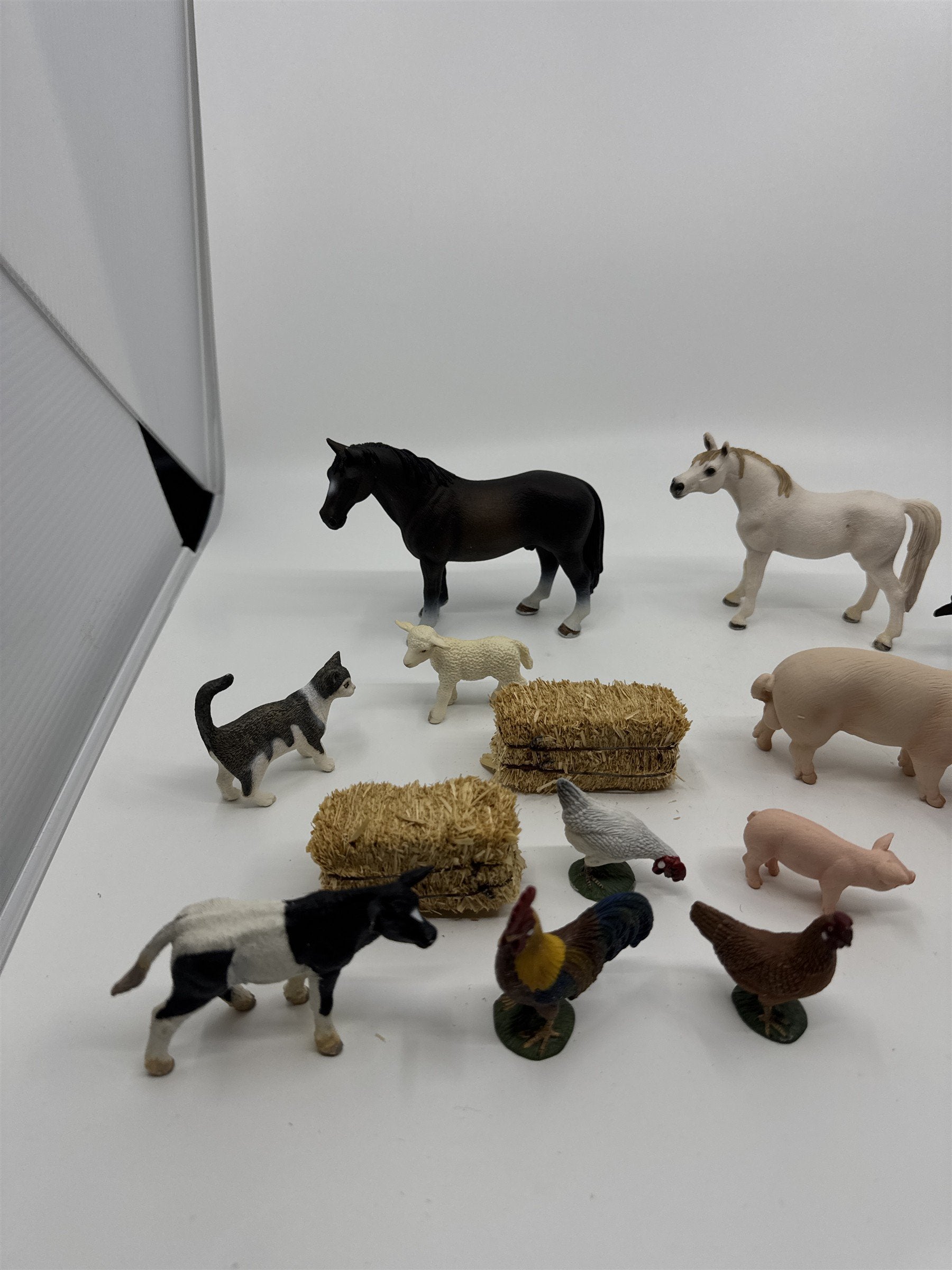 Lot of Vintage Miniature Farm Animal Village Pieces Animals Buckets Hay Chickens