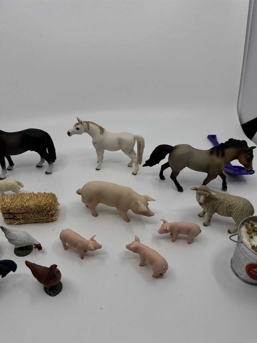 Lot of Vintage Miniature Farm Animal Village Pieces Animals Buckets Hay Chickens
