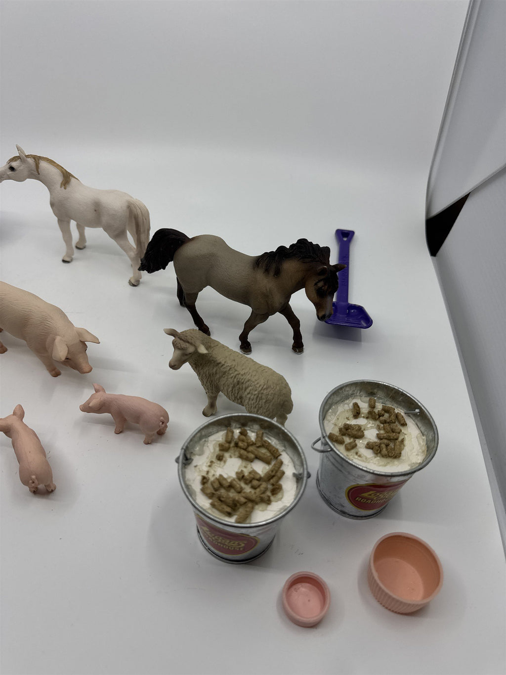 Lot of Vintage Miniature Farm Animal Village Pieces Animals Buckets Hay Chickens