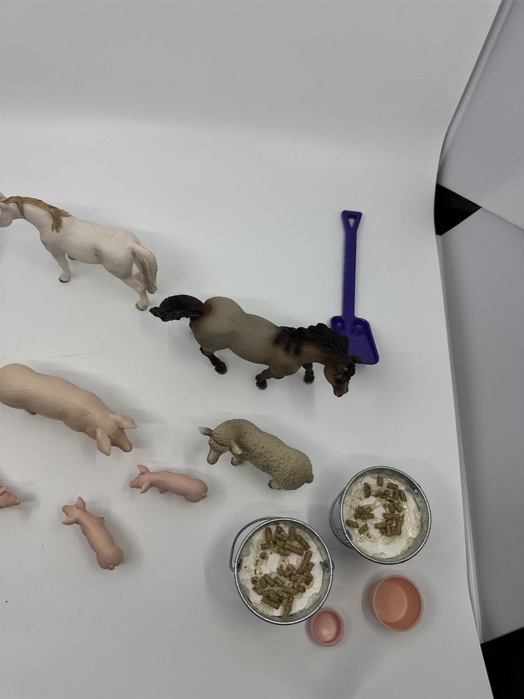 Lot of Vintage Miniature Farm Animal Village Pieces Animals Buckets Hay Chickens