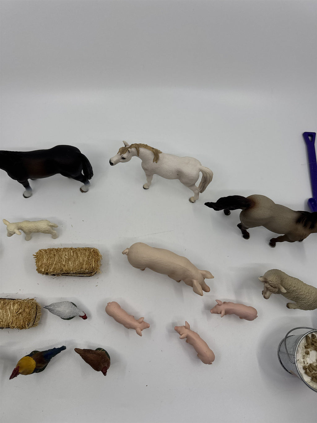 Lot of Vintage Miniature Farm Animal Village Pieces Animals Buckets Hay Chickens