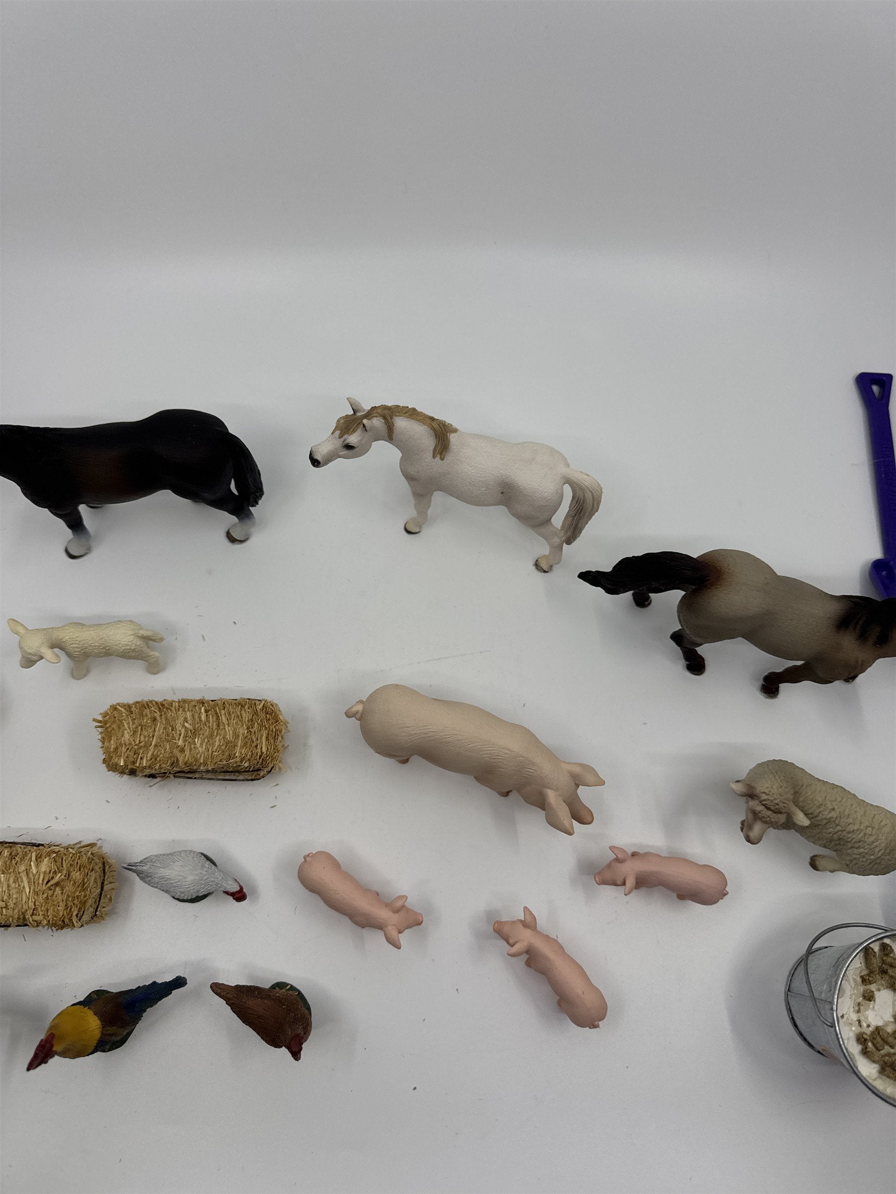 Lot of Vintage Miniature Farm Animal Village Pieces Animals Buckets Hay Chickens
