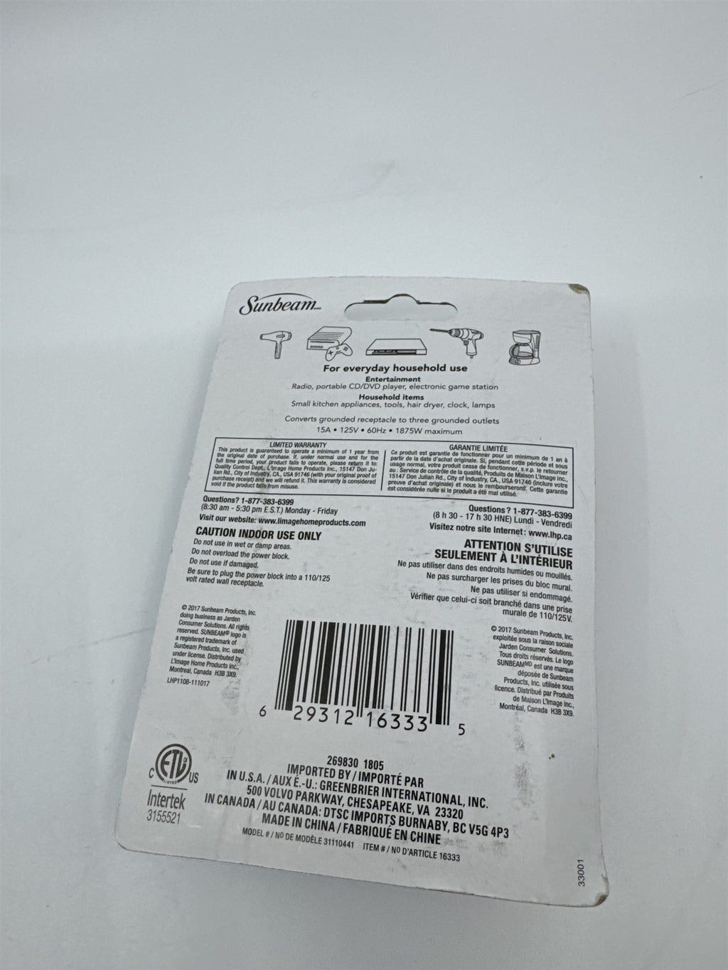 Sunbeam 3-Outlet 3-Prong Grounded AC Power Outlet Receptacle Wall Tap Adapter
