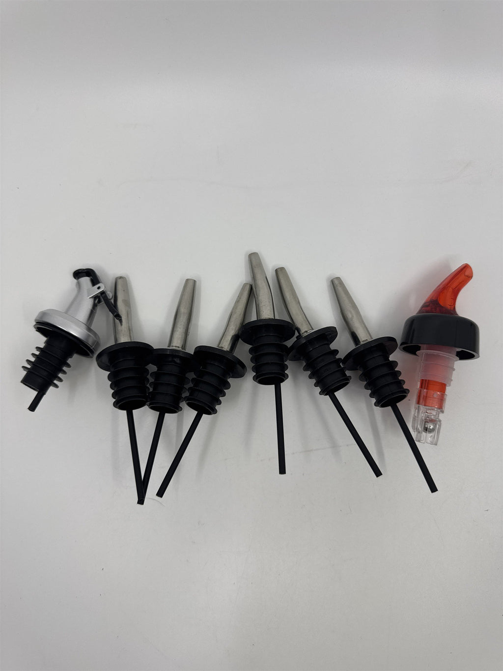 Set of 8 Liquor Pour Spouts/Adapters Stainless Steel with Silicone Grip