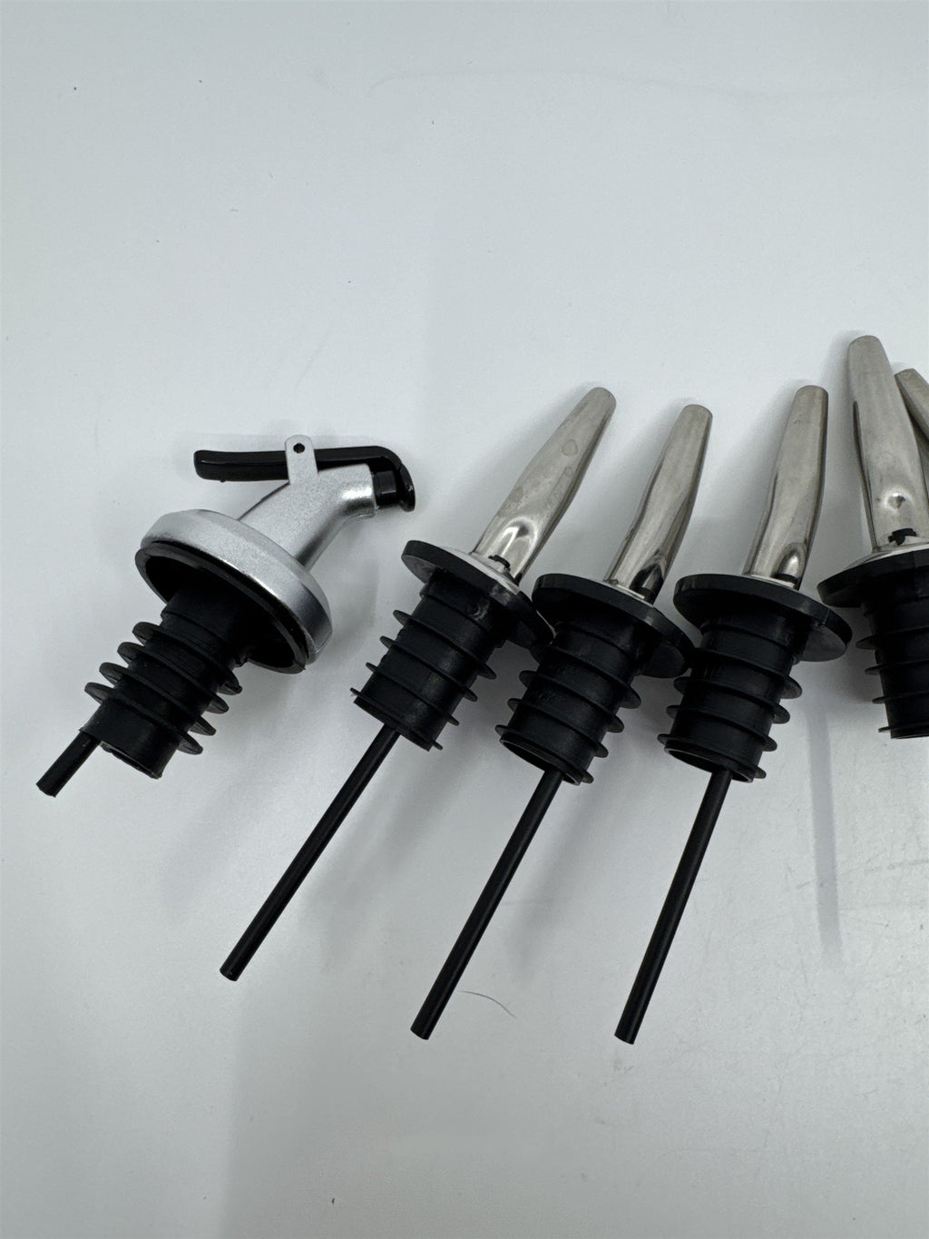 Set of 8 Liquor Pour Spouts/Adapters Stainless Steel with Silicone Grip