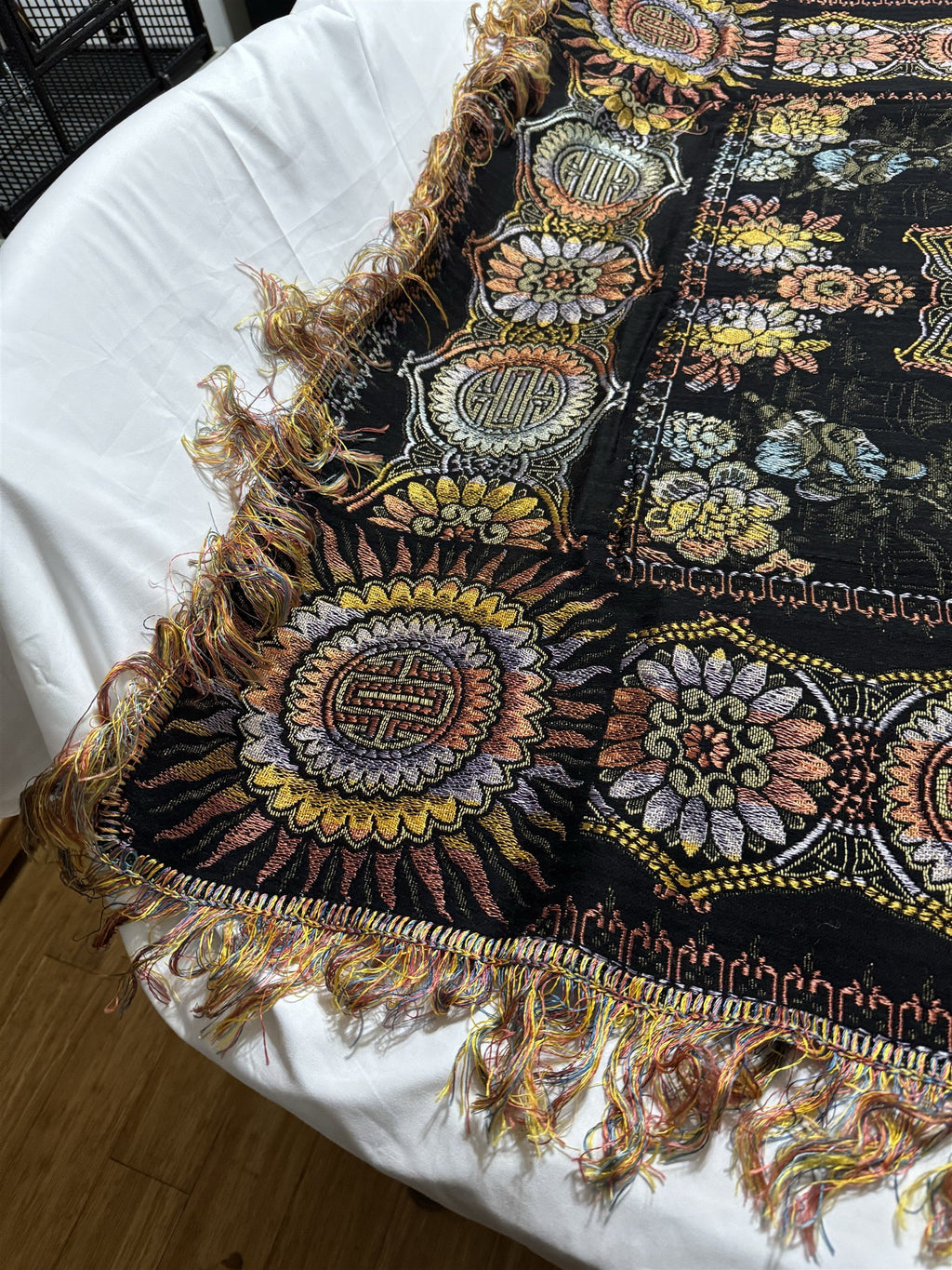 Antique WWII Era Woven Tablecloth Asian Floral Pattern 49.5" Sq 1920s-1940s