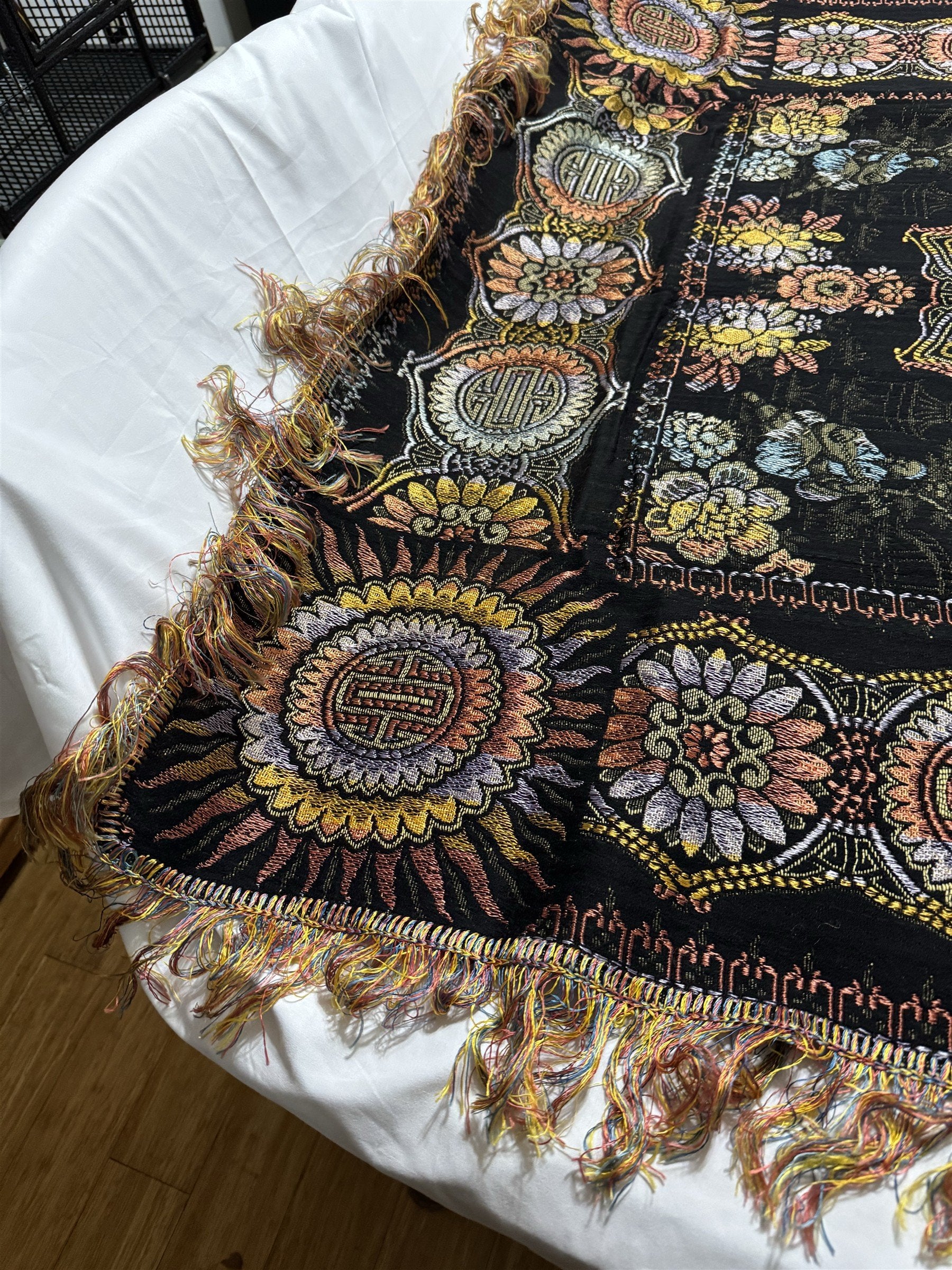 Antique WWII Era Woven Tablecloth Asian Floral Pattern 49.5" Sq 1920s-1940s