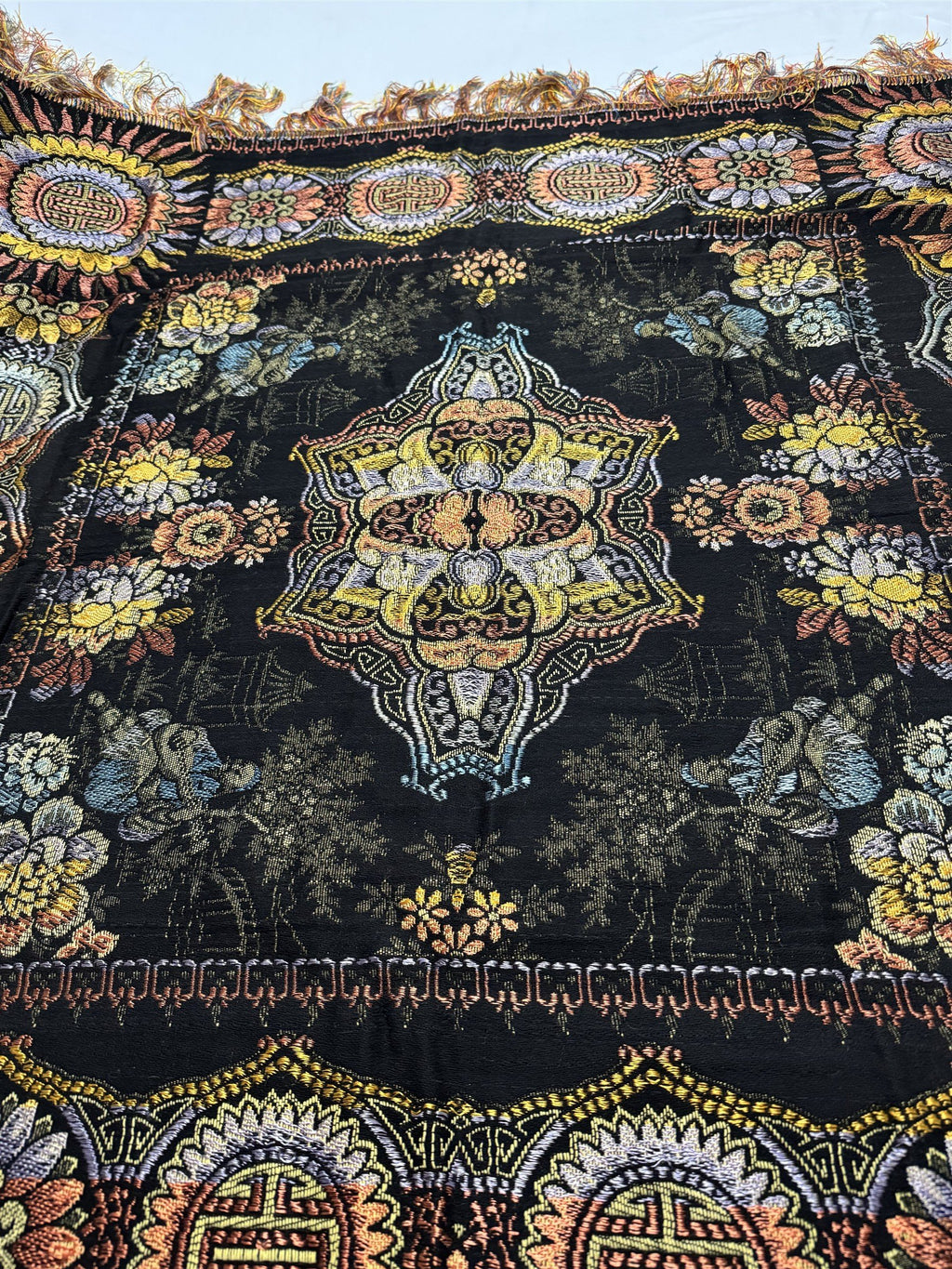 Antique WWII Era Woven Tablecloth Asian Floral Pattern 49.5" Sq 1920s-1940s