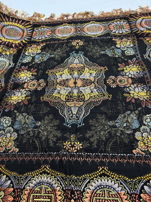 Antique WWII Era Woven Tablecloth Asian Floral Pattern 49.5" Sq 1920s-1940s