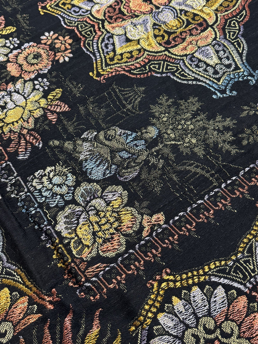 Antique WWII Era Woven Tablecloth Asian Floral Pattern 49.5" Sq 1920s-1940s