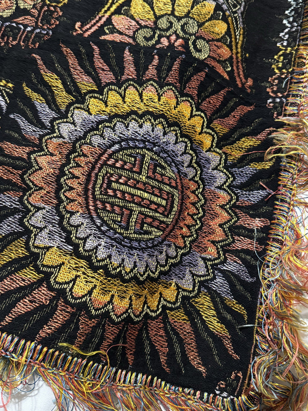 Antique WWII Era Woven Tablecloth Asian Floral Pattern 49.5" Sq 1920s-1940s