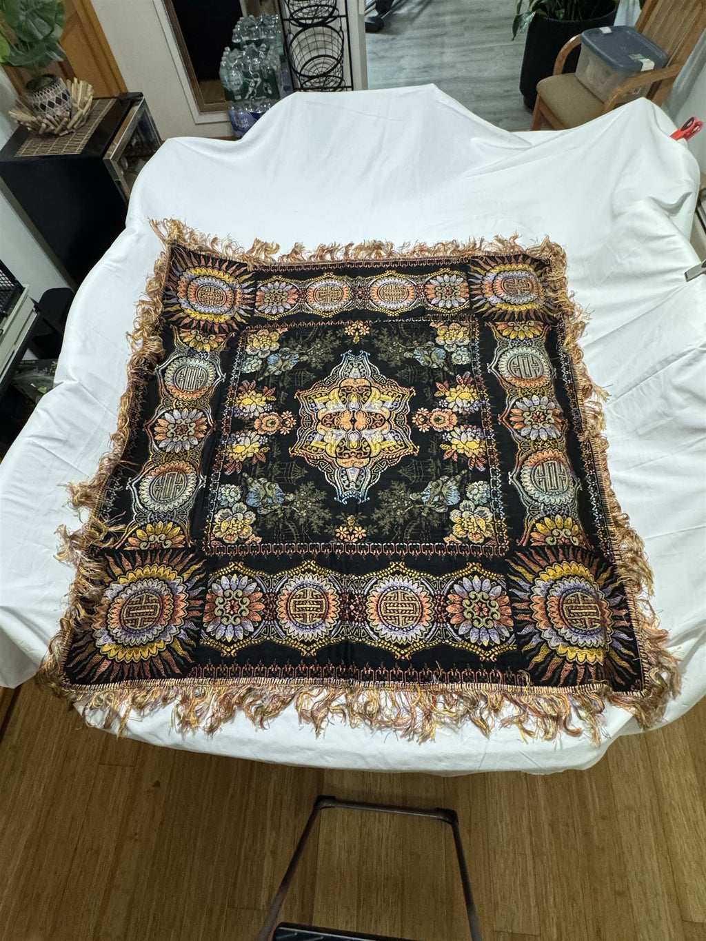 Antique WWII Era Woven Tablecloth Asian Floral Pattern 49.5" Sq 1920s-1940s