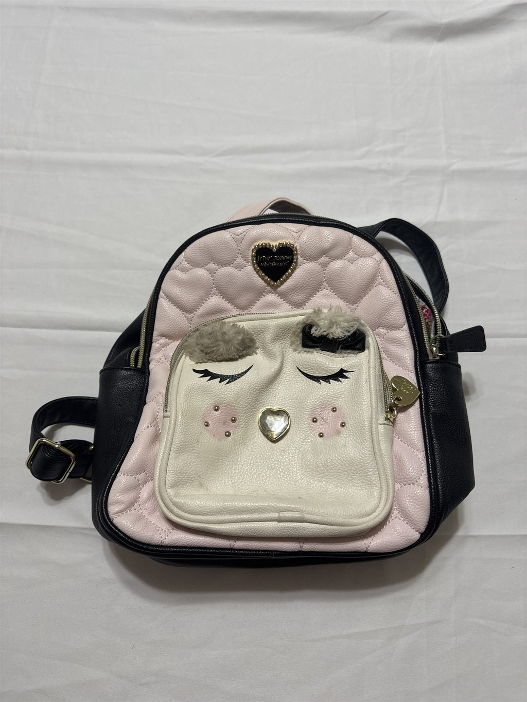 Womens Betsey Johnson Owl Pink & Black Rhinestone Nose Backpack Bag Quilted