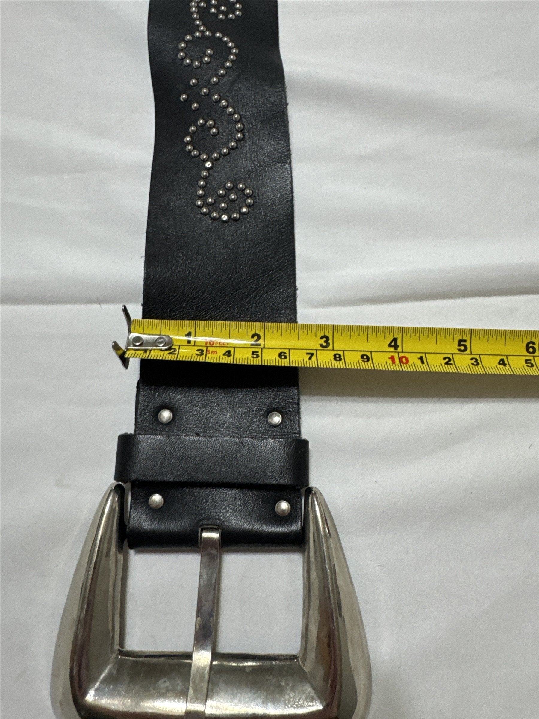 VINTAGE Studded Black Belt Womens Swirl Pattern Leather Retro Punk Boho