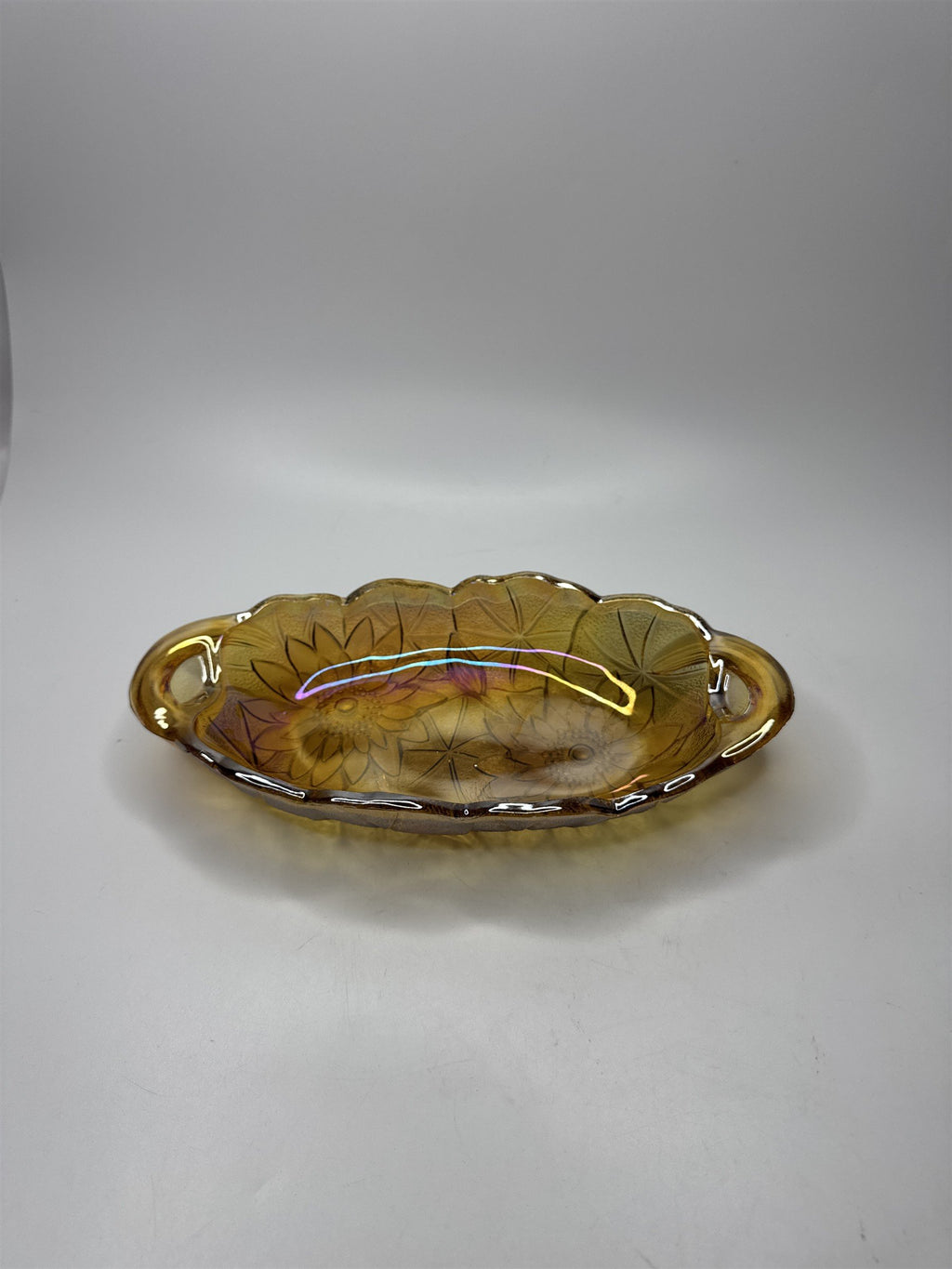 Vintage Amber Carnival Glass 9.5" Glass Oval Iridescent Sunflower Dish
