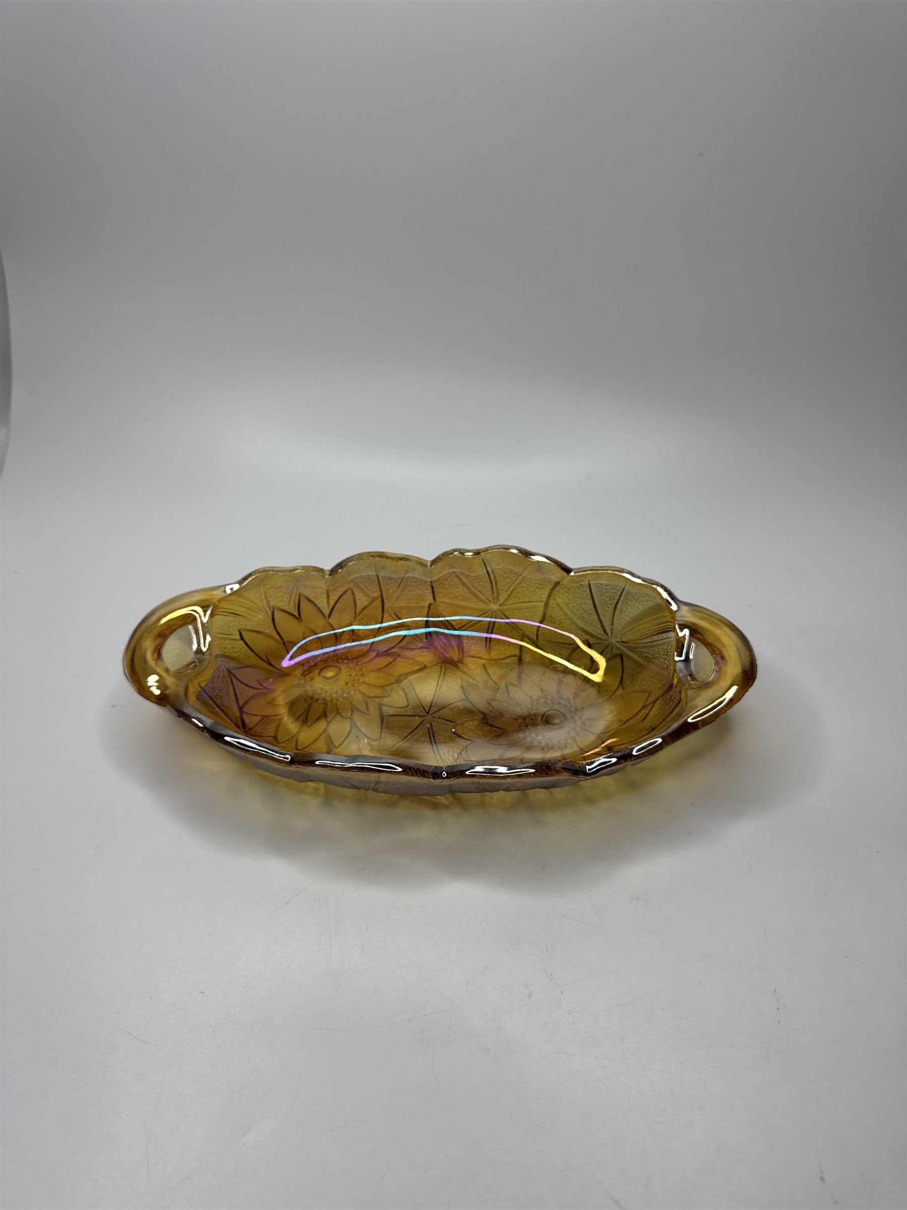 Vintage Amber Carnival Glass 9.5" Glass Oval Iridescent Sunflower Dish