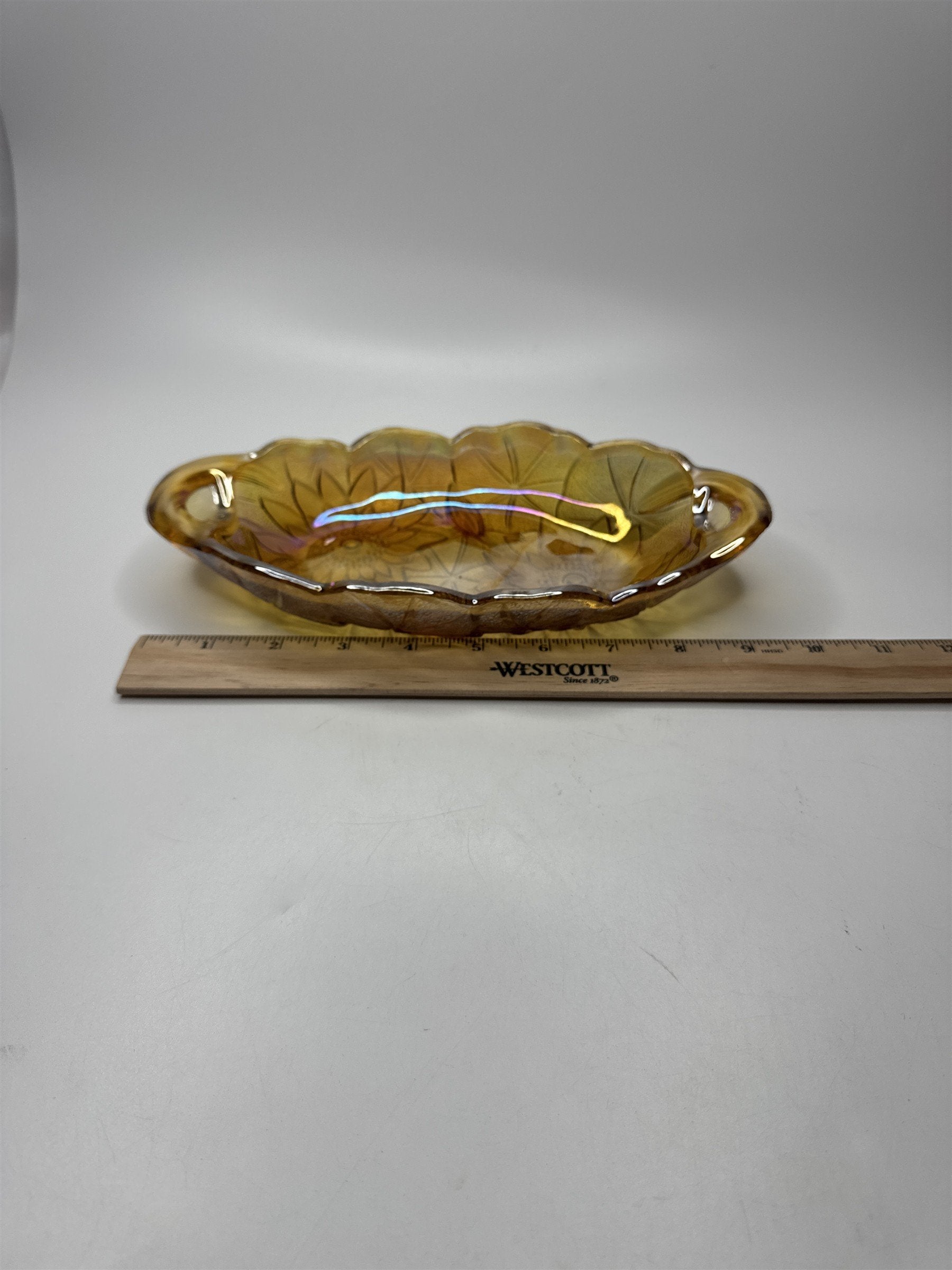 Vintage Amber Carnival Glass 9.5" Glass Oval Iridescent Sunflower Dish