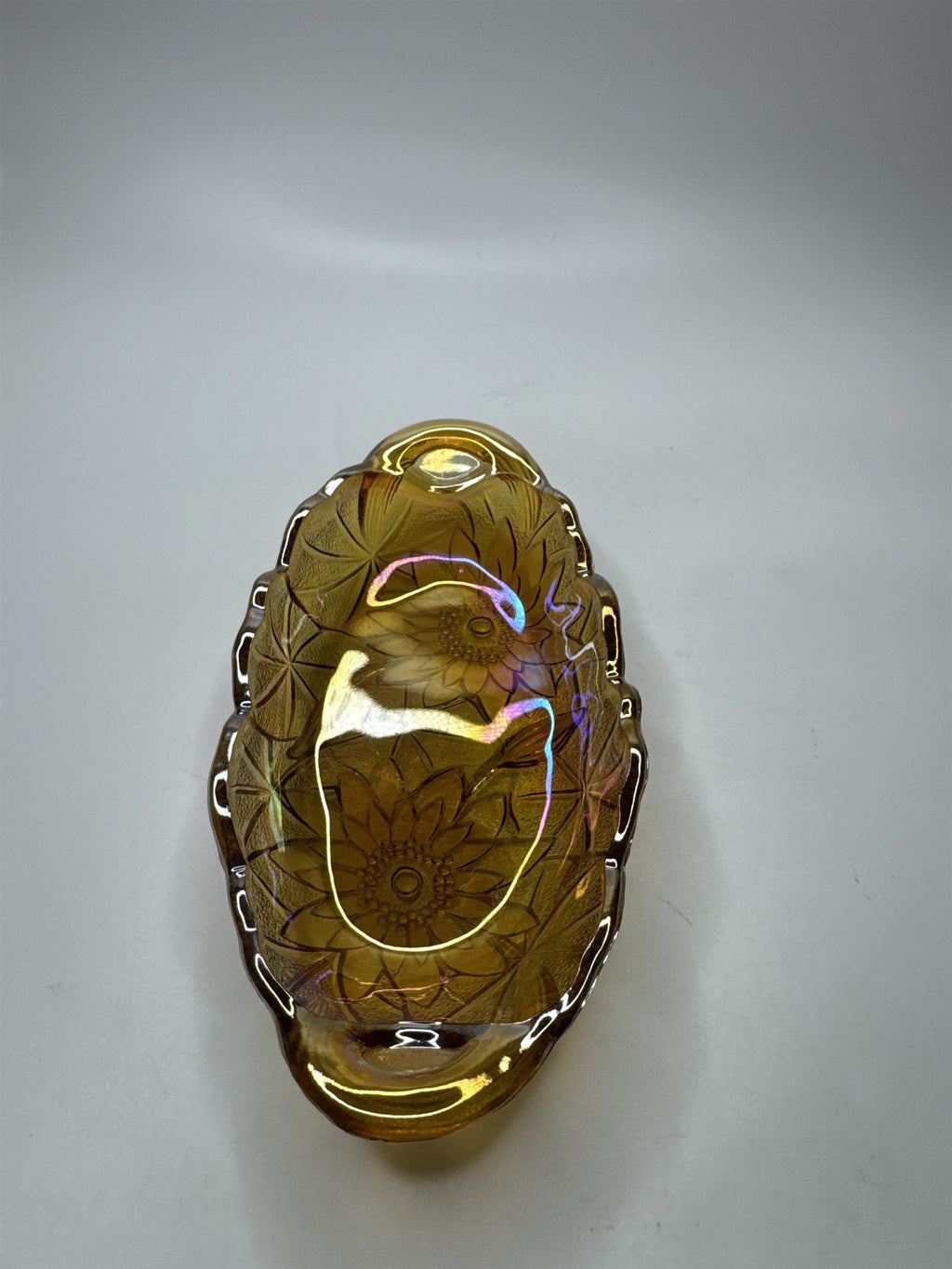 Vintage Amber Carnival Glass 9.5" Glass Oval Iridescent Sunflower Dish