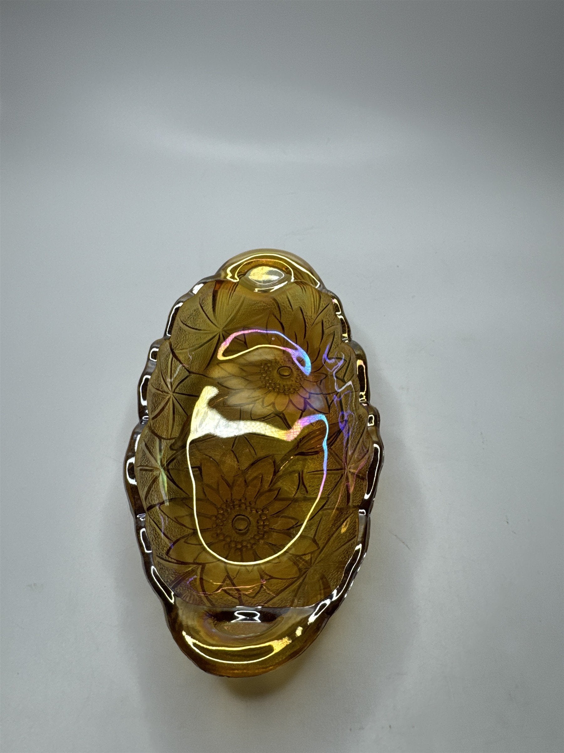 Vintage Amber Carnival Glass 9.5" Glass Oval Iridescent Sunflower Dish