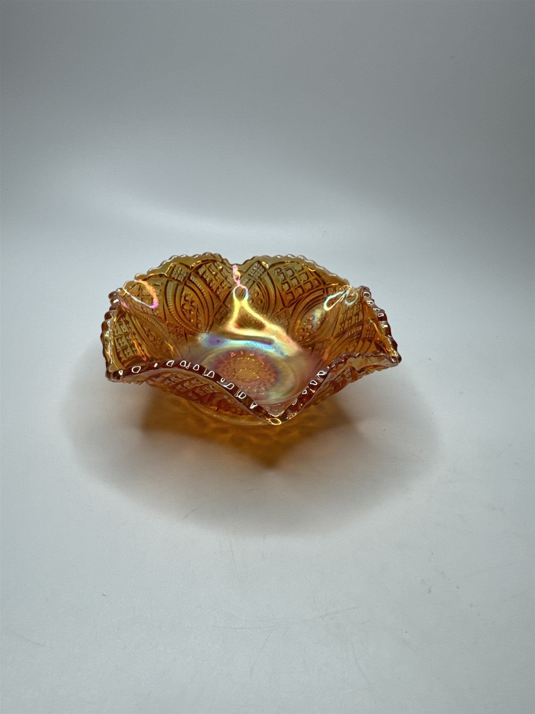 Vintage Amber Carnival Glass 5.5" Glass Oval Iridescent Sunflower Daisy Dish