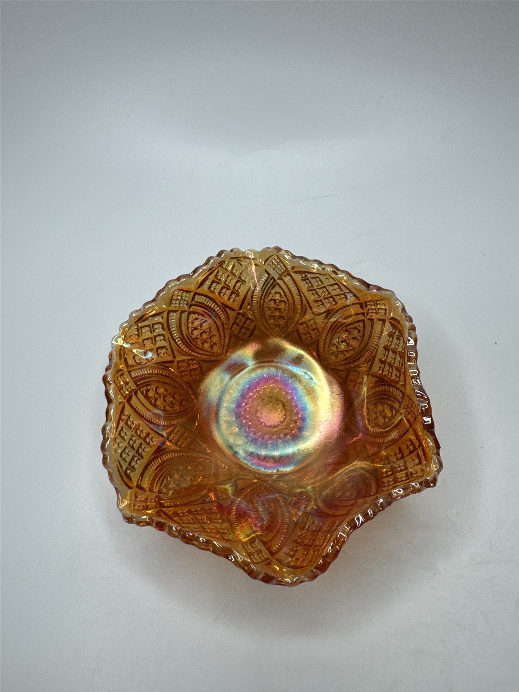 Vintage Amber Carnival Glass 5.5" Glass Oval Iridescent Sunflower Daisy Dish