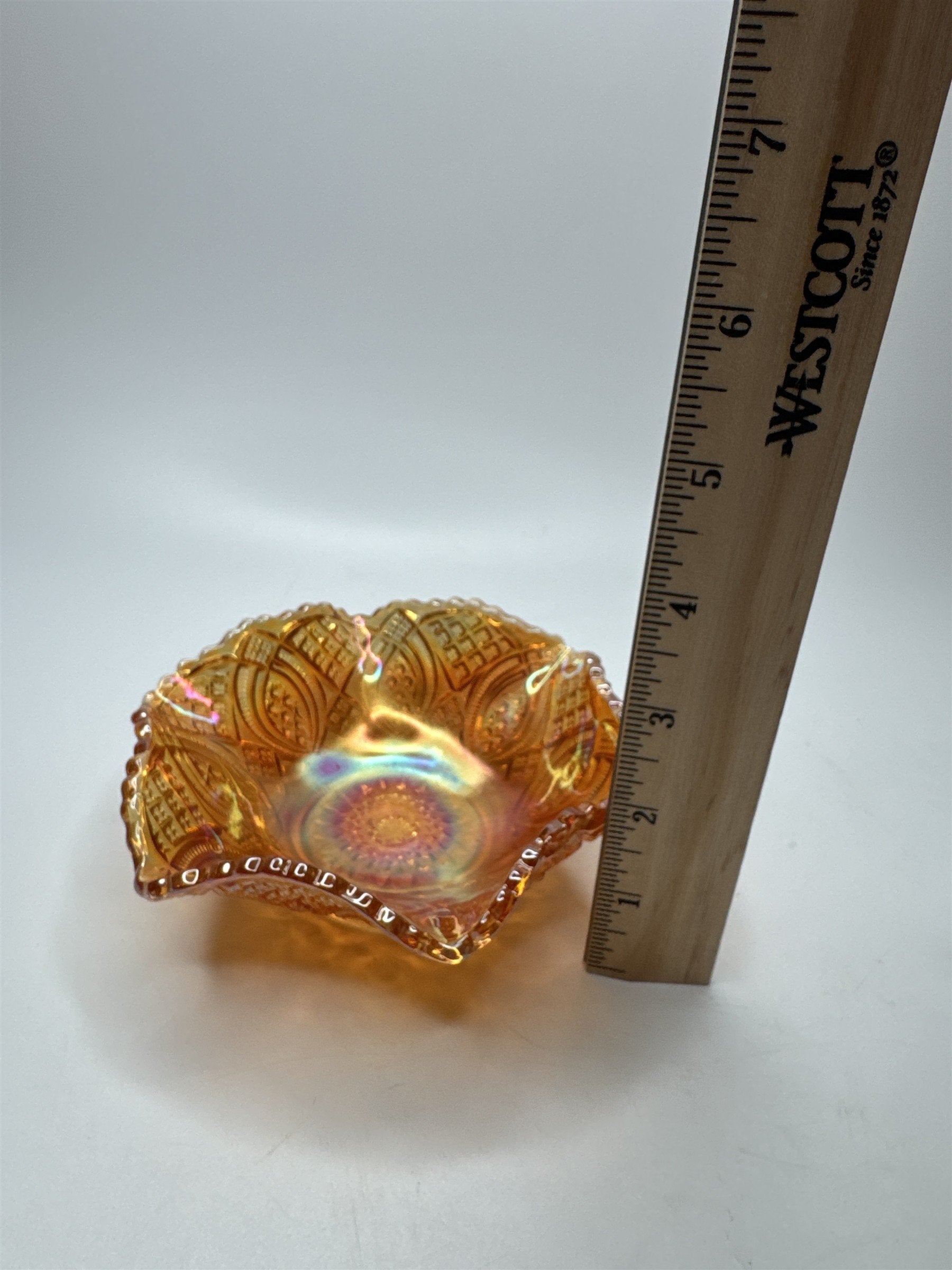 Vintage Amber Carnival Glass 5.5" Glass Oval Iridescent Sunflower Daisy Dish