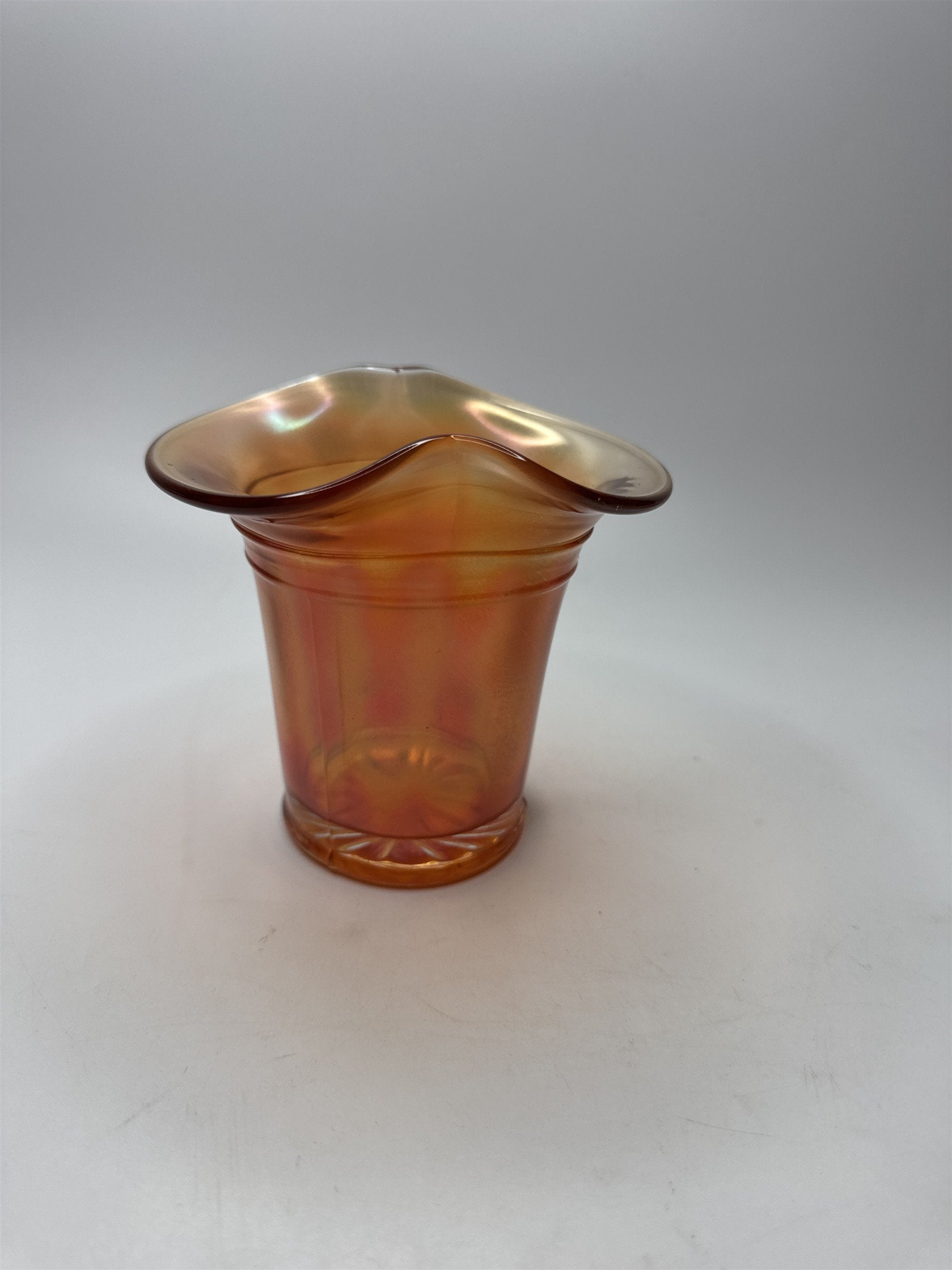 Iridescent Marigold Carnival Glass Tophat Vase Pinch Top Vintage Decor