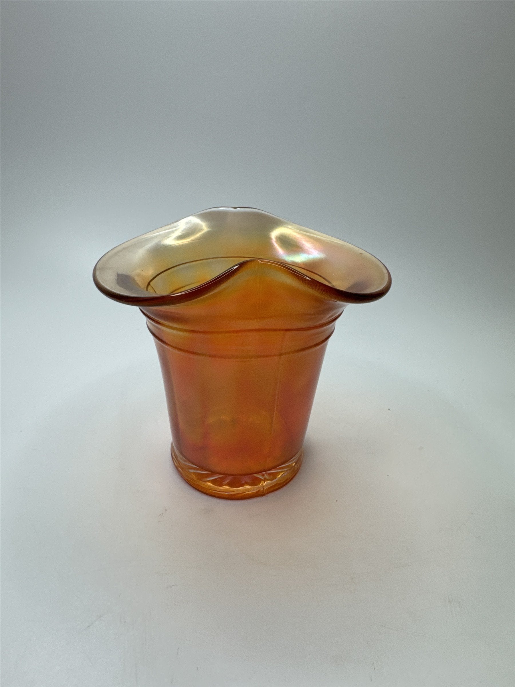 Iridescent Marigold Carnival Glass Tophat Vase Pinch Top Vintage Decor