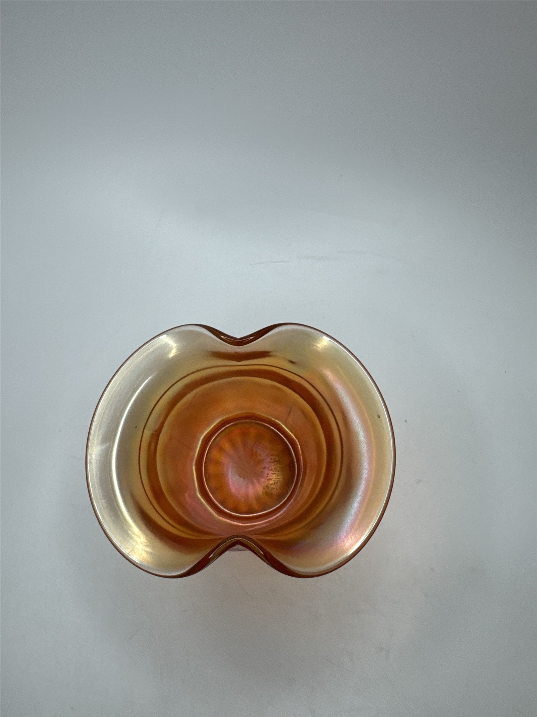 Iridescent Marigold Carnival Glass Tophat Vase Pinch Top Vintage Decor