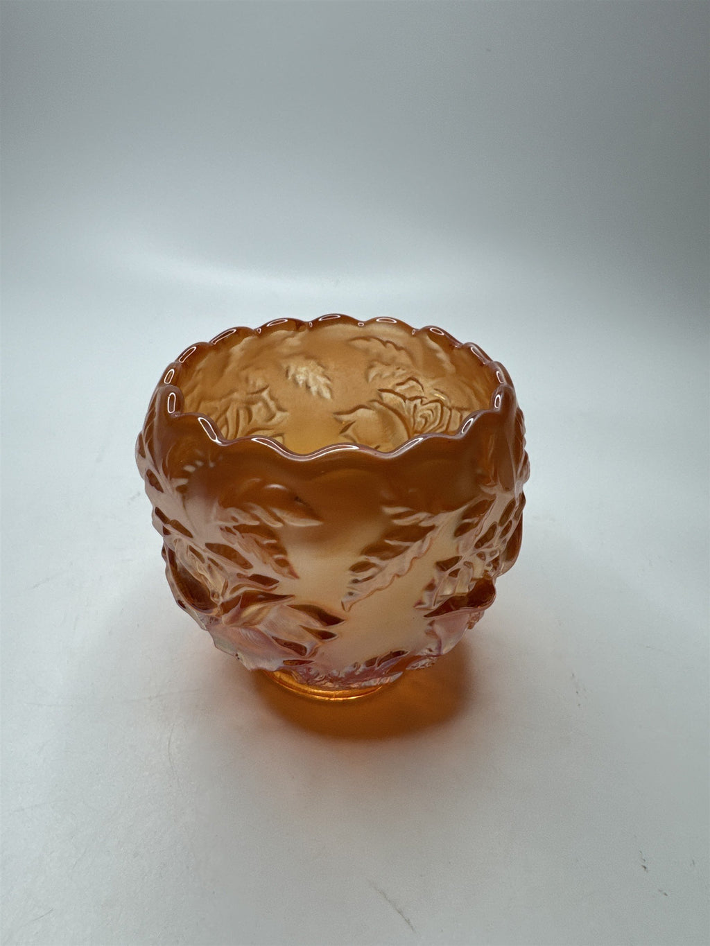 VINTAGE Dugan Wreath of Roses Marigold Carnival Glass Rose Bowl 3.5" Tall