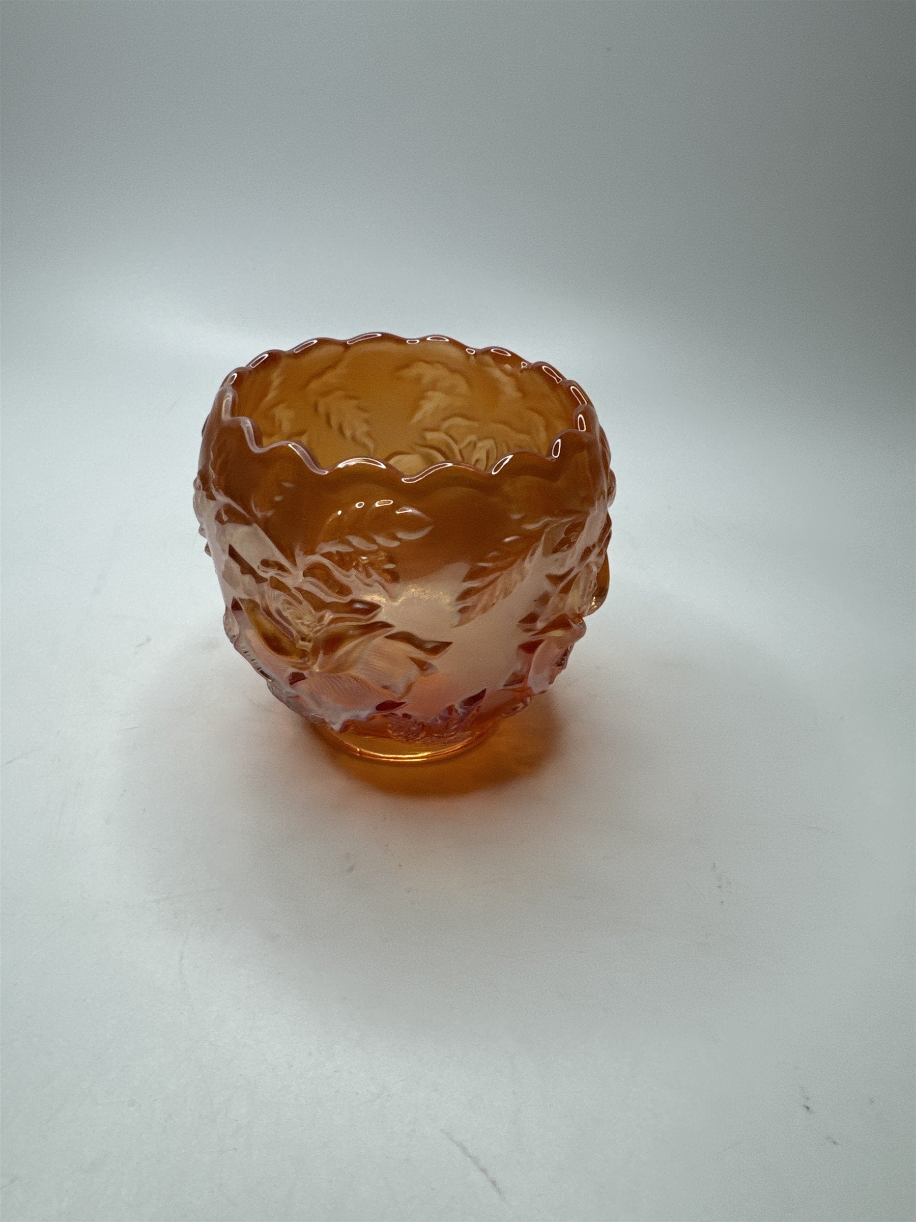 VINTAGE Dugan Wreath of Roses Marigold Carnival Glass Rose Bowl 3.5" Tall